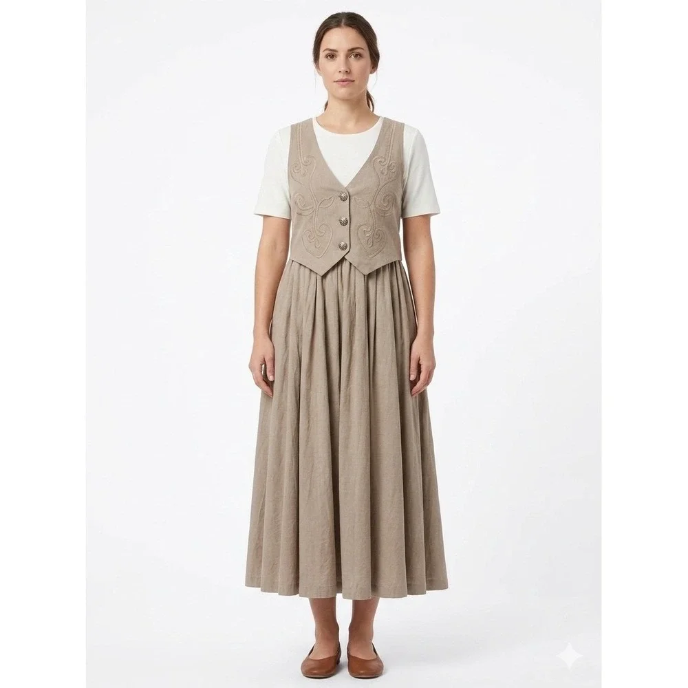 Enge Collection‎ Vintage Tan Vest Layered Midi Dress Size 8 Made in USA Soutache